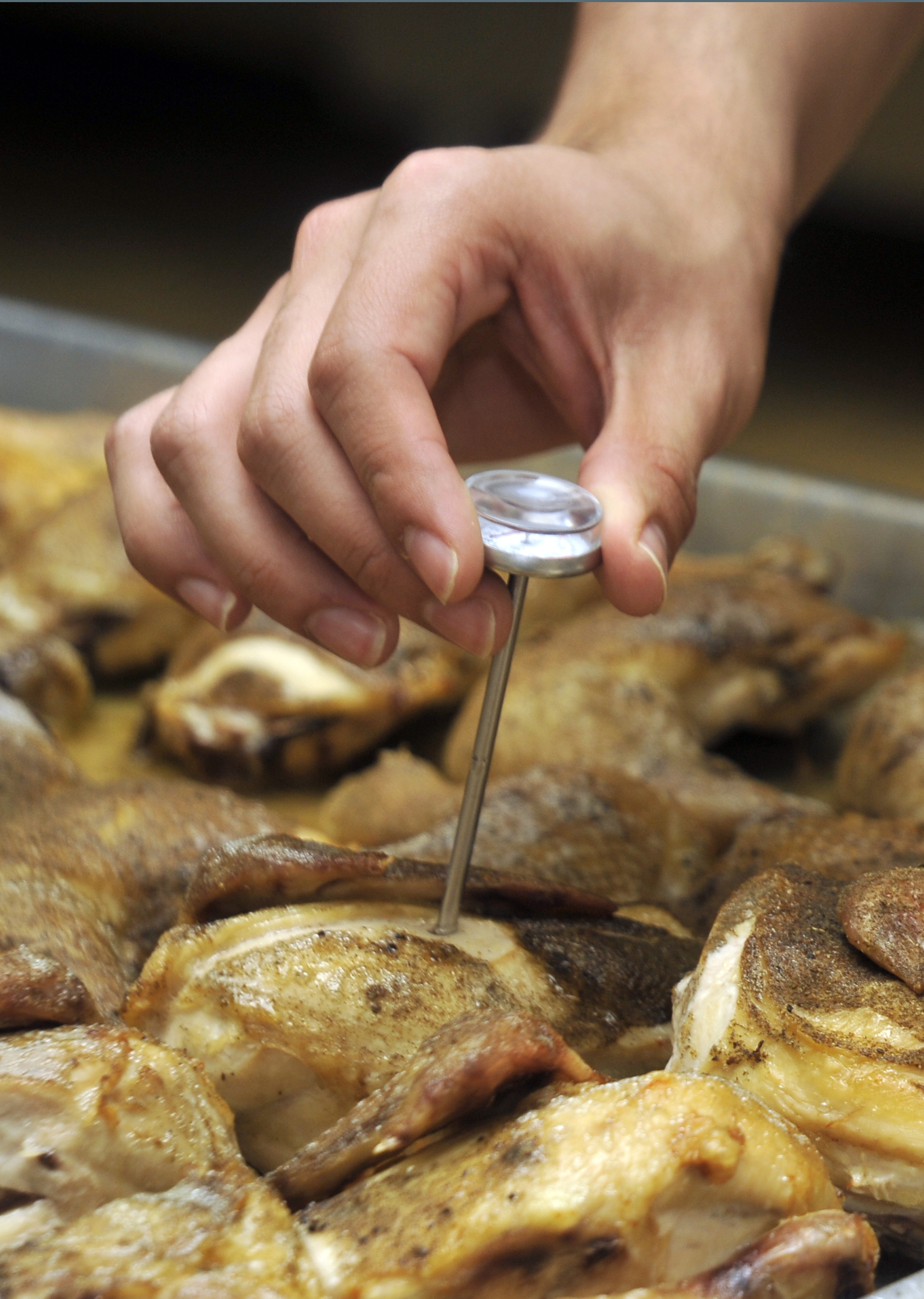 A food-service worker checks the internal temperature of cooked chicken with a food thermometer.