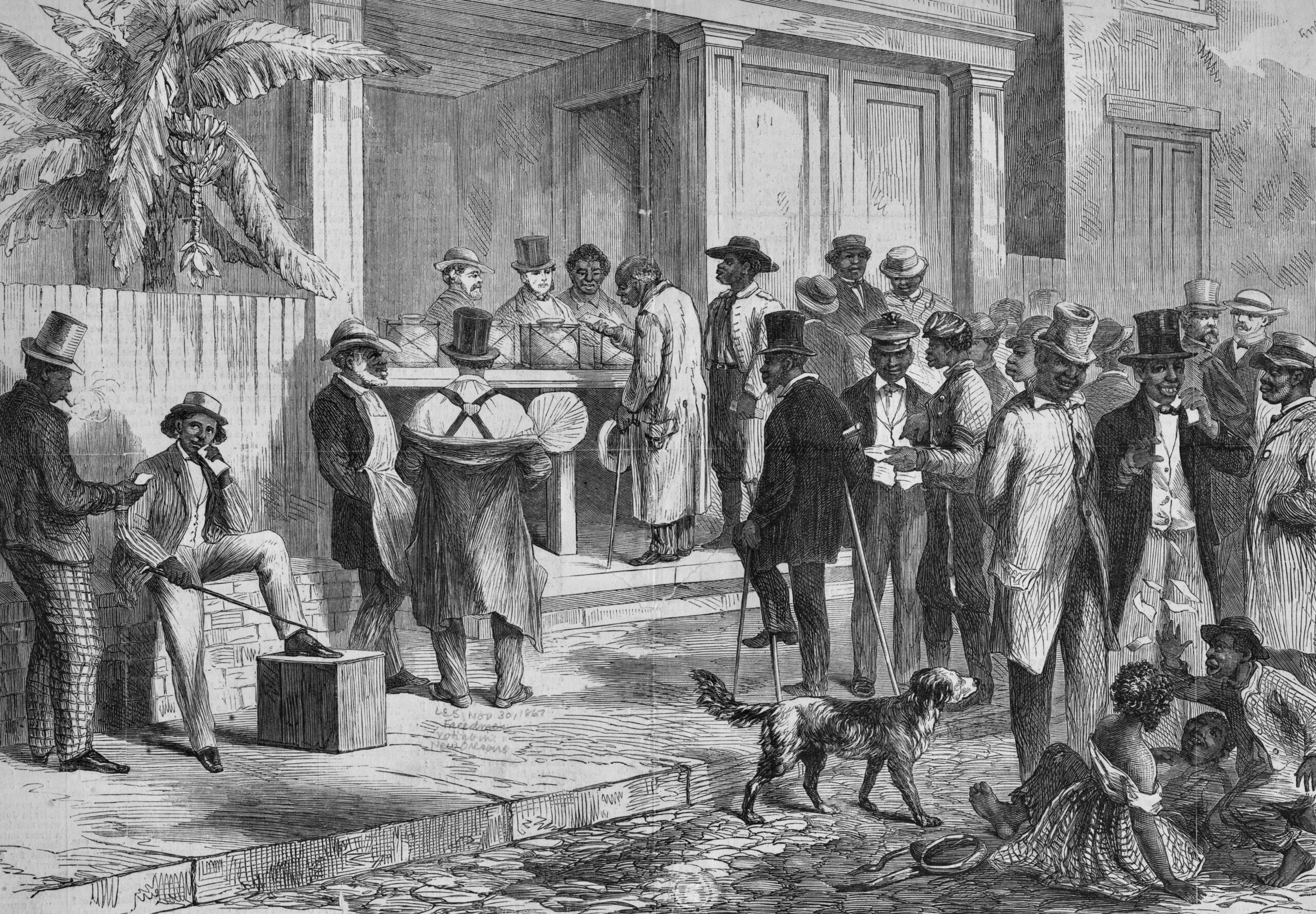 An 1867 illustration of Black men voting in New Orleans during Reconstruction.