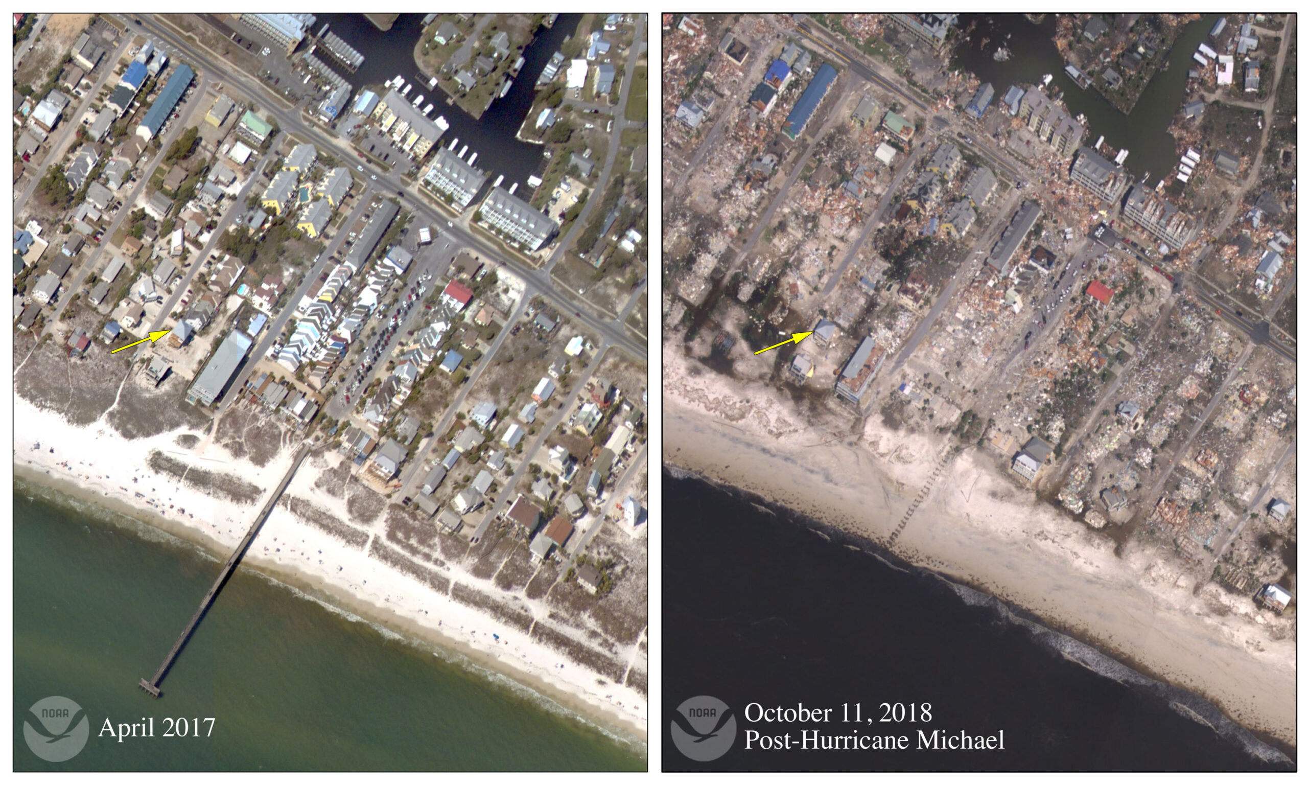 Before-and-after aerial images showing coastal damage at Mexico Beach after Hurricane Michael.