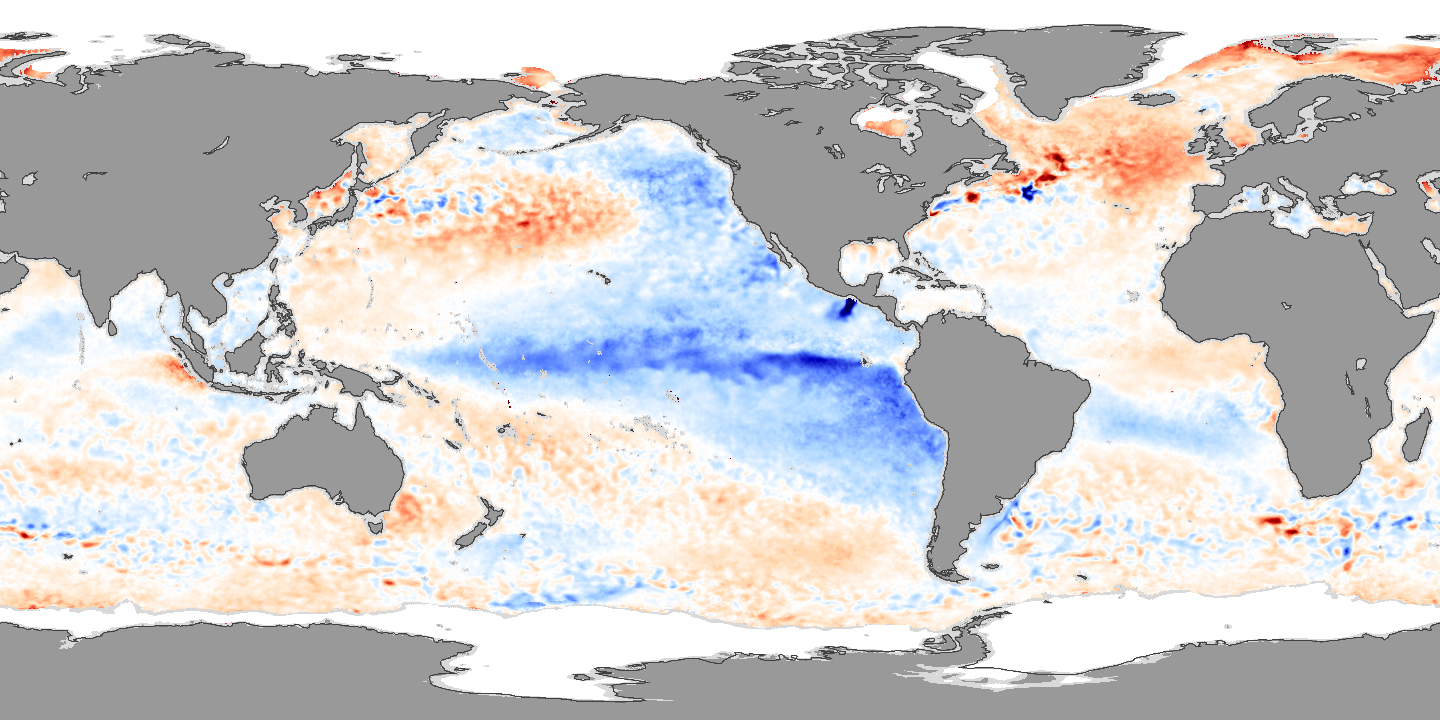 Map showing cooler than average sea surface temperatures across the eastern tropical Pacific during La Niña.