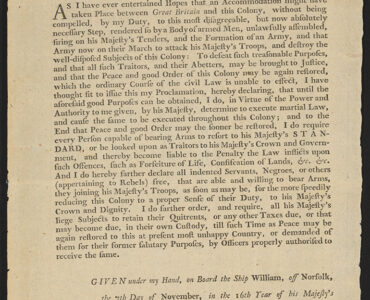 Printed 1775 broadside of Lord Dunmore's Proclamation from the Library of Congress