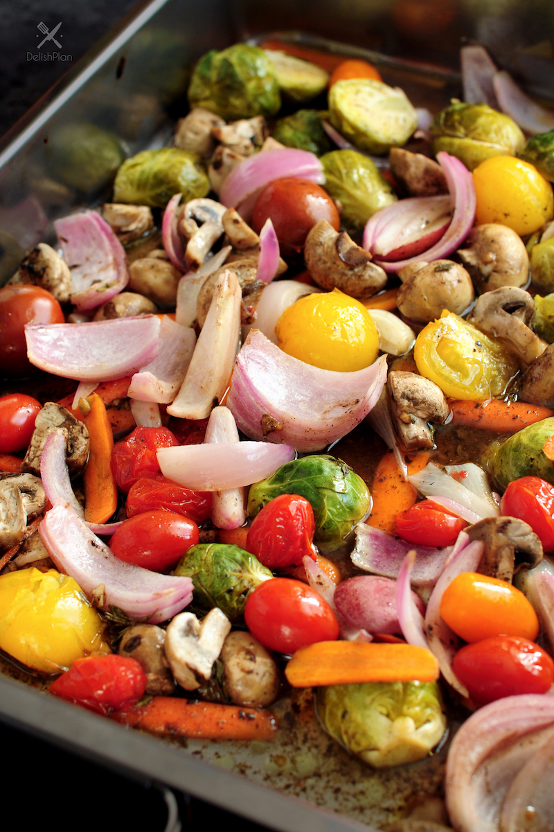 Roasted vegetables with browned edges from dry heat in an oven
