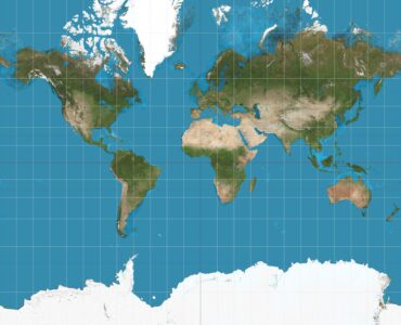 World map shown in the Mercator projection, with high-latitude areas stretched larger.