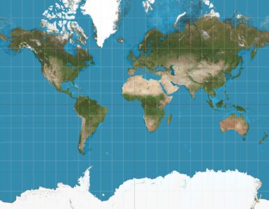 World map shown in the Mercator projection, with high-latitude areas stretched larger.