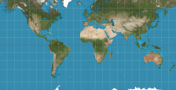 World map shown in the Mercator projection, with high-latitude areas stretched larger.