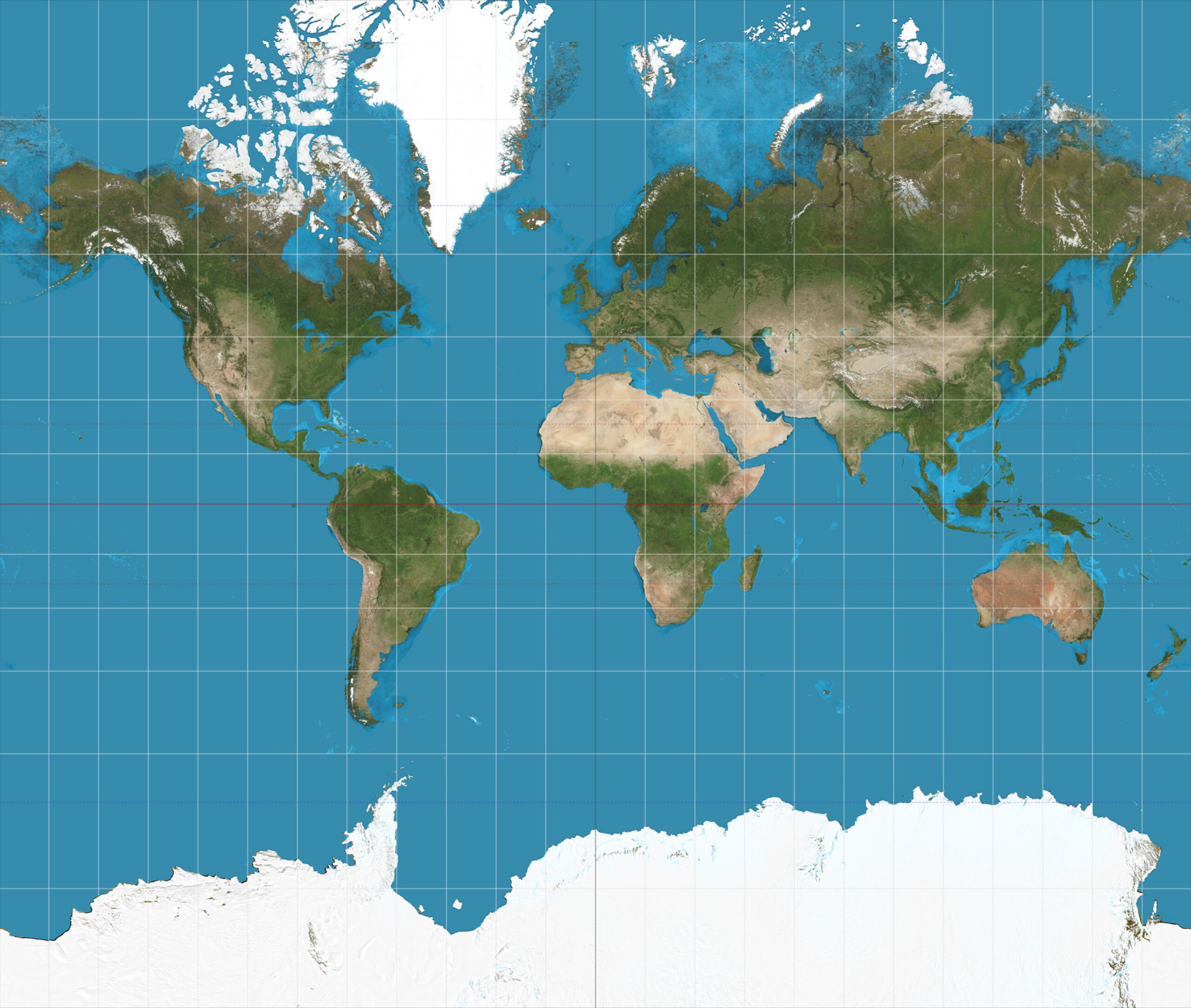 World map shown in the Mercator projection, with high-latitude areas stretched larger.