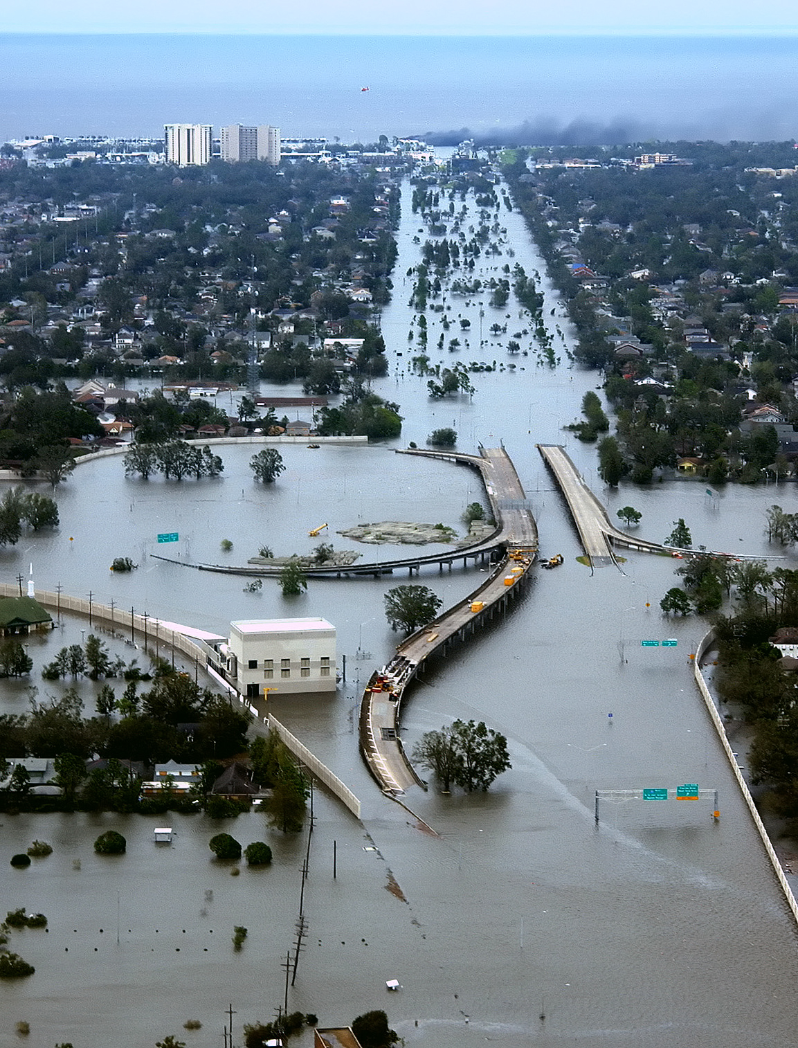 Aerial view of flooded roads and neighborhoods in New Orleans after Hurricane Katrina.