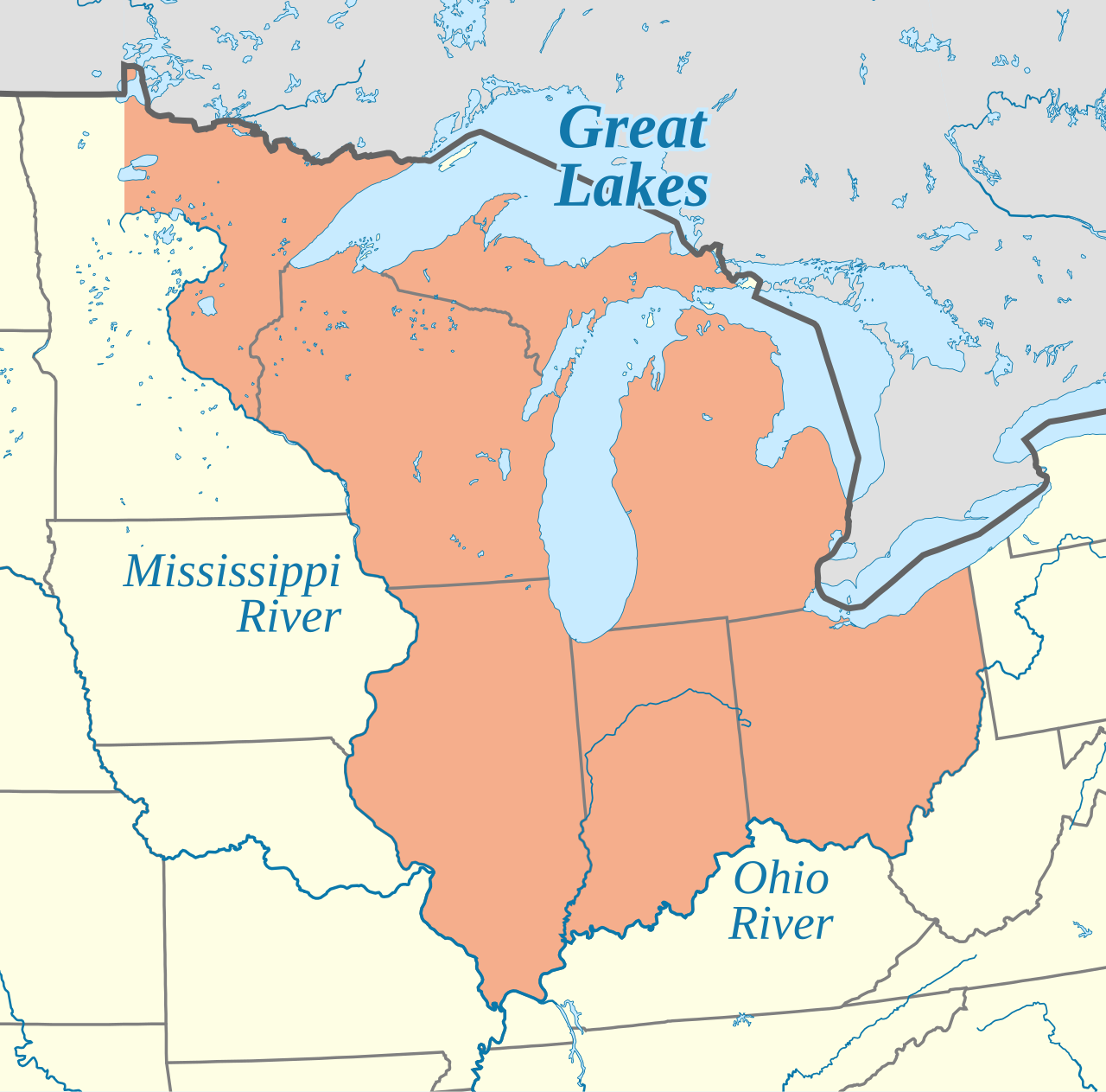 Map showing the Northwest Territory between the Great Lakes, Ohio River, and Mississippi River