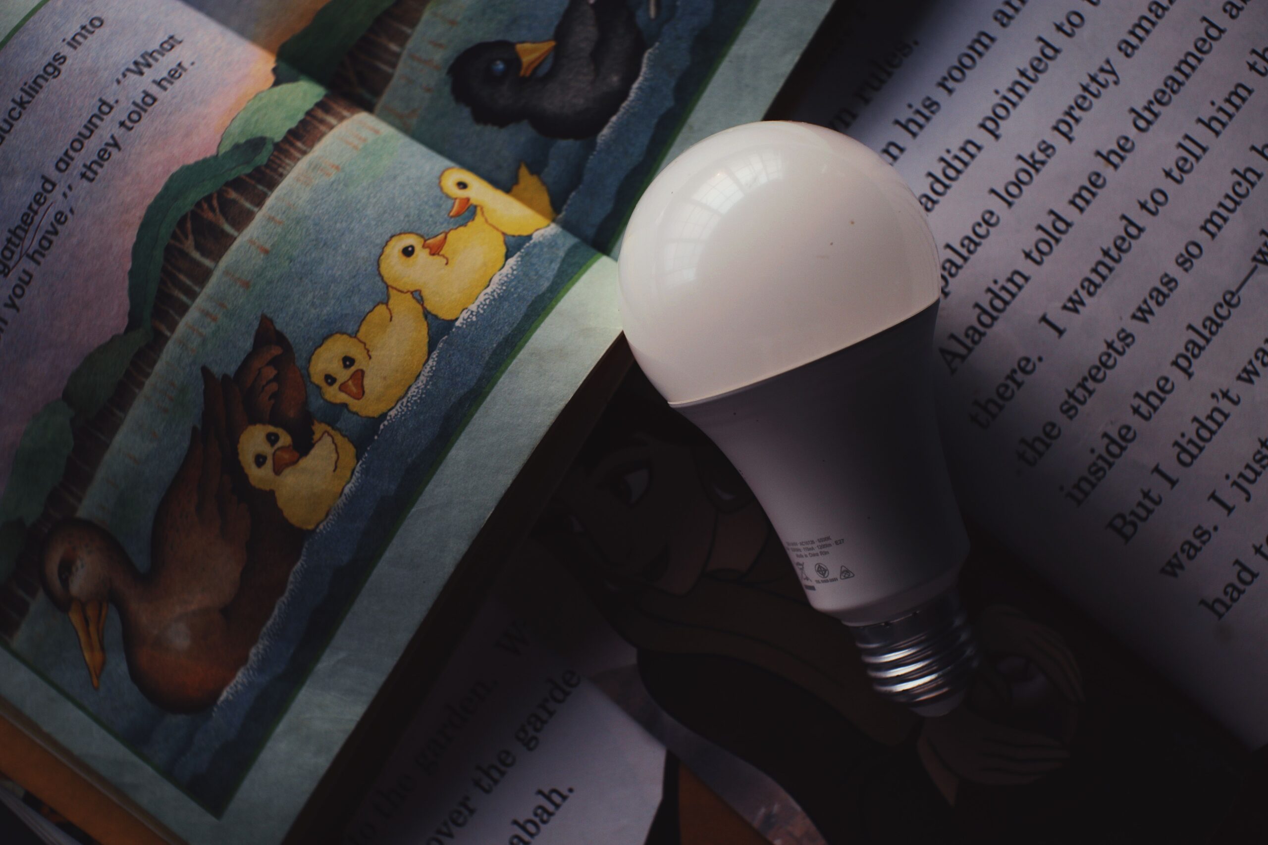 An open book with a light bulb, representing understanding during reading.