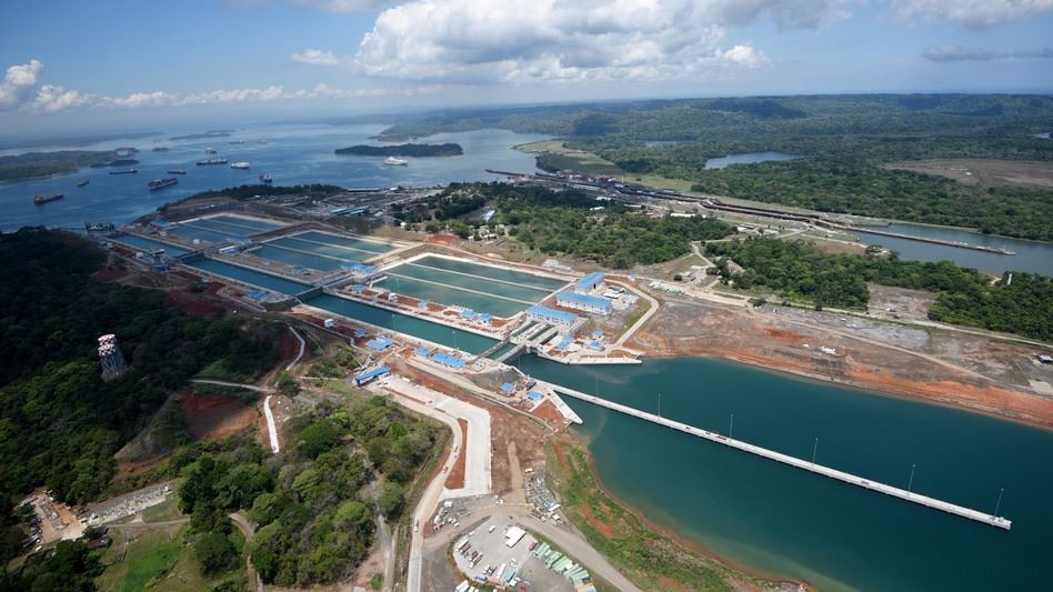 Aerial view of the expanded Agua Clara Locks and water-saving basins at the Panama Canal.