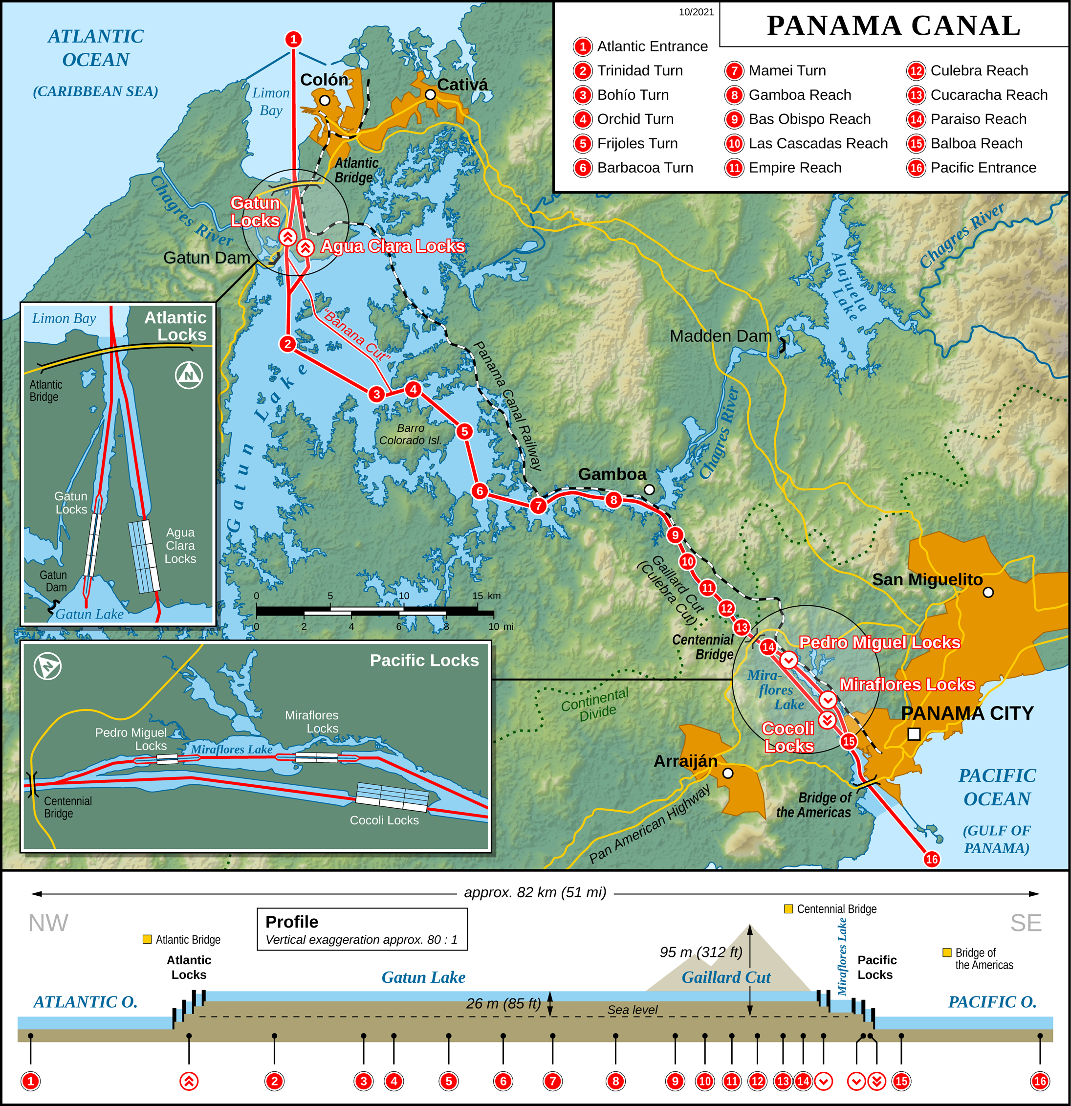 Map showing the Panama Canal route, Gatun Lake, Culebra Cut, and the Atlantic and Pacific locks.