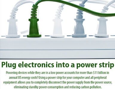 Several low-power electronics plugged into a power strip on a desk