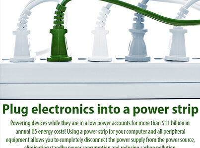 Several low-power electronics plugged into a power strip on a desk