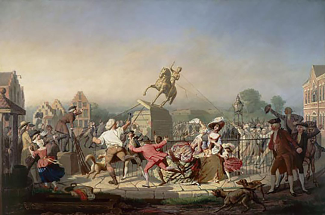 Historic image of New Yorkers pulling down the statue of King George III after a public reading of the Declaration