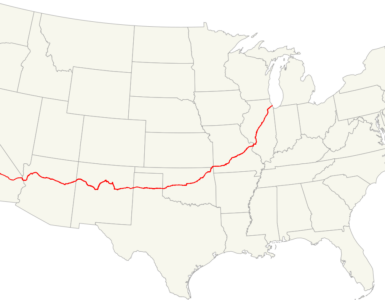 Map of the former U.S. Route 66 crossing the central and southwestern United States.