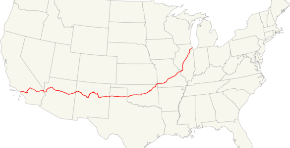 Map of the former U.S. Route 66 crossing the central and southwestern United States.