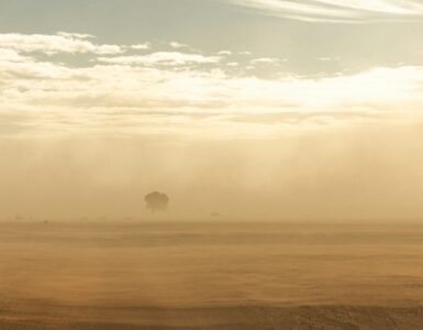 Dusty desert air blowing across a flat landscape under a bright sky