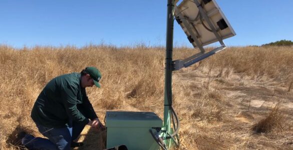 A technician services a ShakeAlert earthquake early warning sensor station in dry grassland.