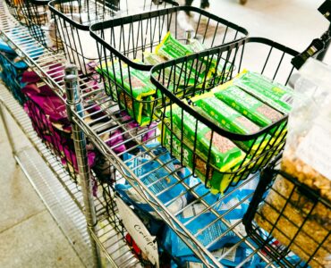 A shopping cart filled with groceries that need safe storage before a summer picnic