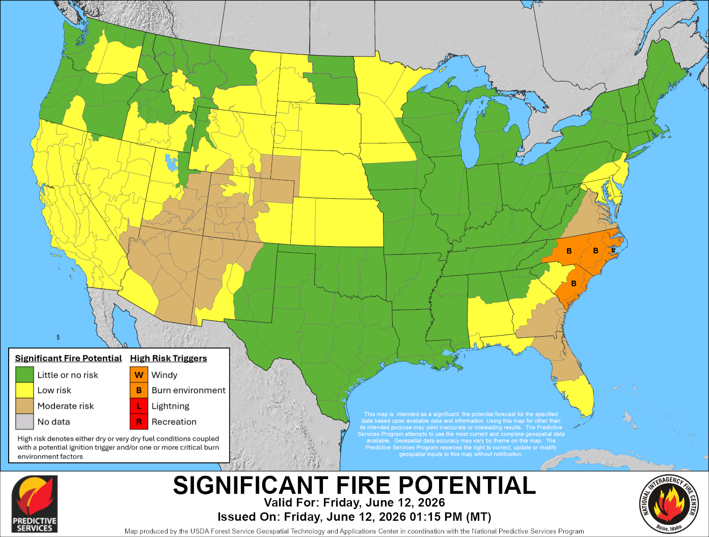 National map showing significant fire potential across regions of the United States