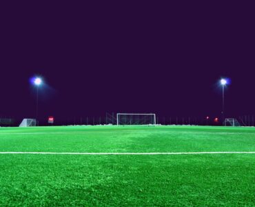 A soccer stadium field seen from the stands