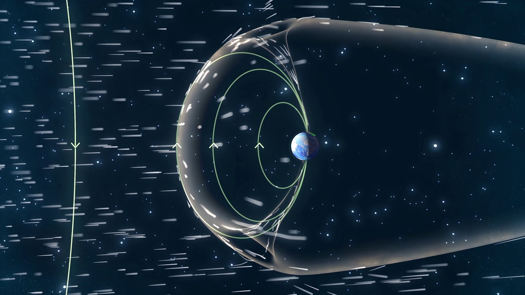 Conceptual view of solar wind particles flowing around Earth's magnetic field