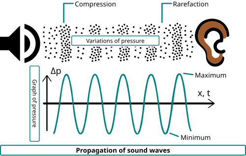 Diagram showing sound waves as repeating pressure compressions and rarefactions