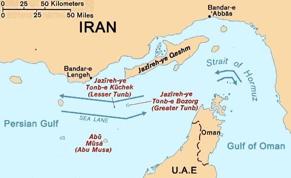 Map showing the Strait of Hormuz connecting the Persian Gulf with the Gulf of Oman
