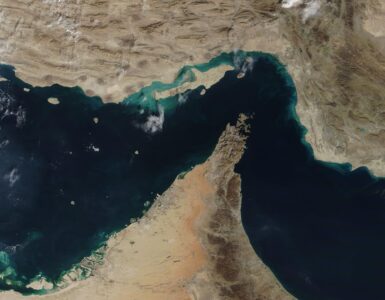 Satellite view of the Strait of Hormuz between Iran, Oman, and the United Arab Emirates
