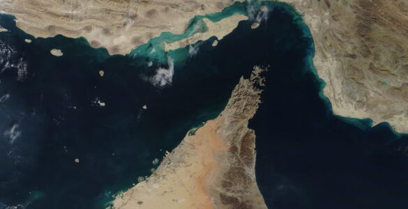 Satellite view of the Strait of Hormuz between Iran, Oman, and the United Arab Emirates