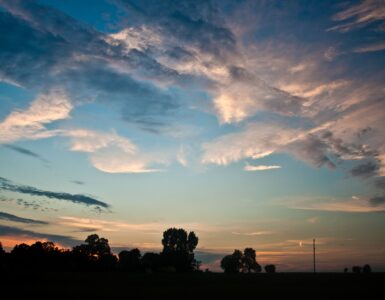 Colorful clouds and a dark tree line during summer twilight