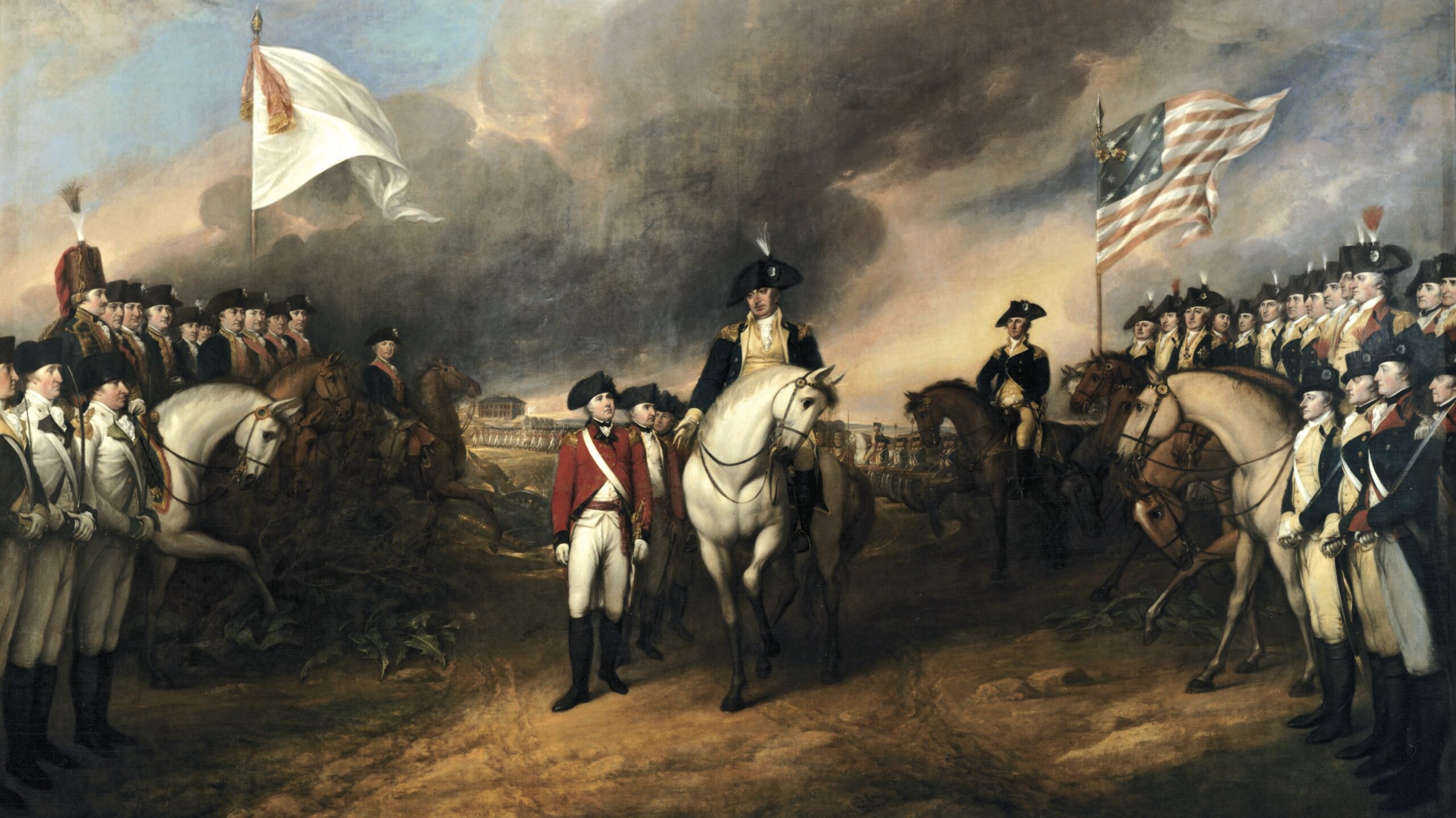 John Trumbull painting of British surrender at Yorktown with American and French forces present.