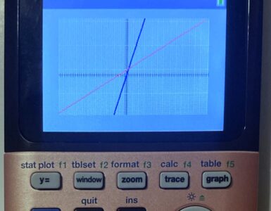 A graphing calculator showing equations while a student practices solving a system.