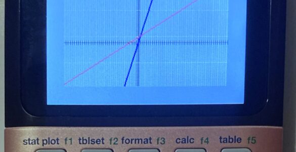 A graphing calculator showing equations while a student practices solving a system.