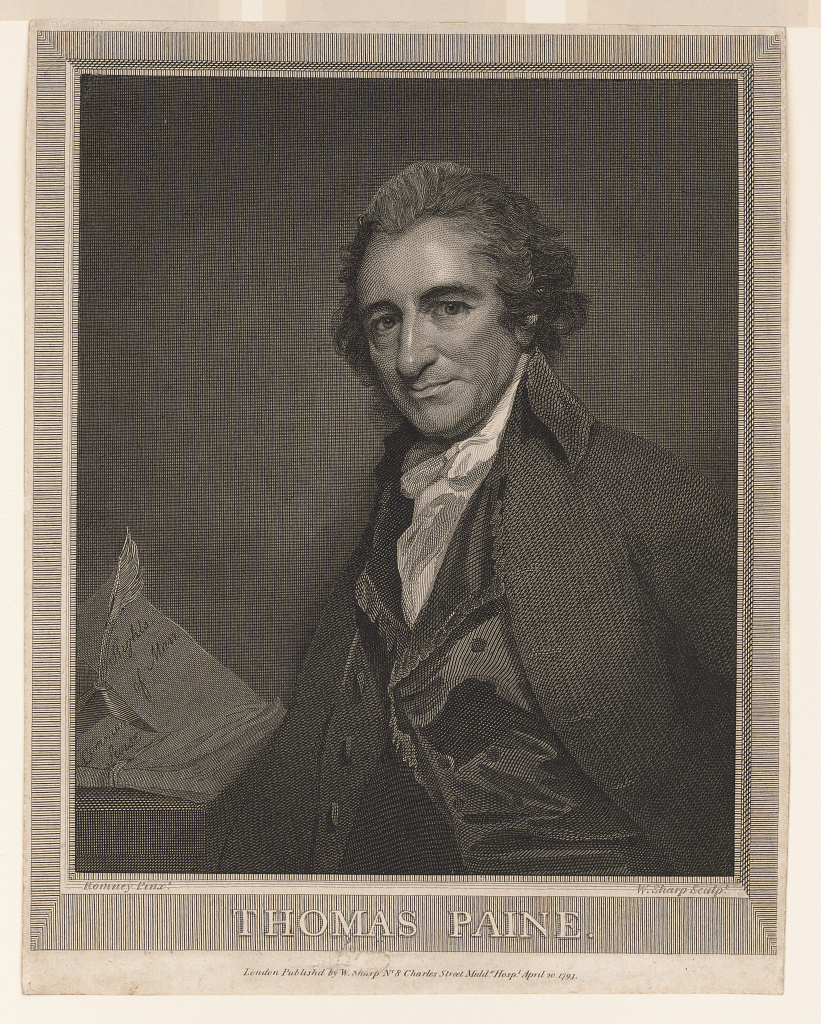 Engraved portrait of Thomas Paine with papers labeled Rights of Man and Common Sense.