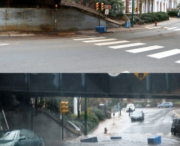 A city street shown before and during a flash flood under a railroad bridge.