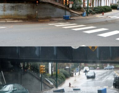 A city street shown before and during a flash flood under a railroad bridge.