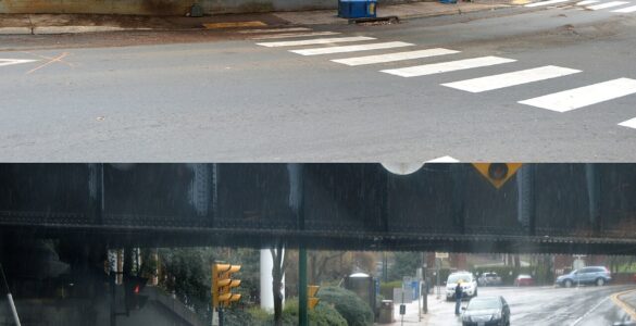 A city street shown before and during a flash flood under a railroad bridge.