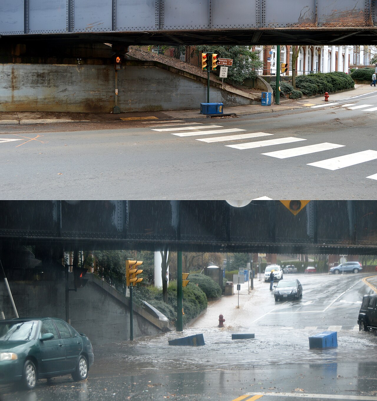 Floodwater on a city street showing how damaged infrastructure can threaten drinking water systems
