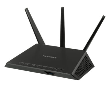 A home Wi-Fi router with antennas used to send wireless signals on nearby channels.