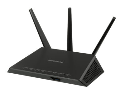 A home Wi-Fi router with antennas used to send wireless signals on nearby channels.