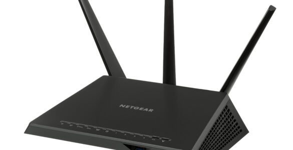 A Wi-Fi router with antennas, representing the short-range wireless networks passengers may use when an aircraft provides in-flight Wi-Fi