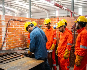 Students in safety gear watch a welding demonstration in a vocational training workshop