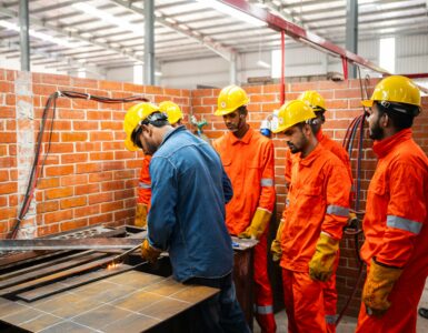 Students in safety gear watch a welding demonstration in a vocational training workshop