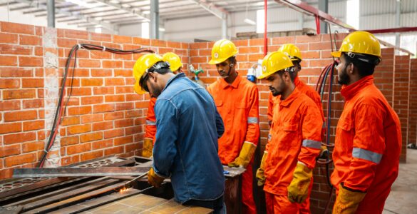 Students in safety gear watch a welding demonstration in a vocational training workshop