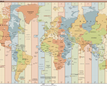 World map showing time zones as bands that bend around countries, islands, and political borders.