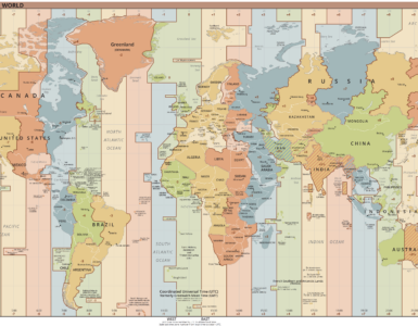 World map showing time zones as bands that bend around countries, islands, and political borders.