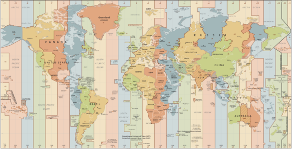 World map showing time zones as bands that bend around countries, islands, and political borders.