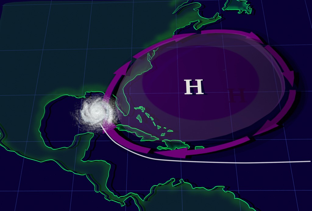 NASA visualization showing an expanded Bermuda High pushing a hurricane track toward the Gulf of Mexico.