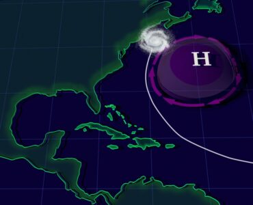 NASA visualization showing the Bermuda High over the Atlantic and a hurricane curving along its edge.